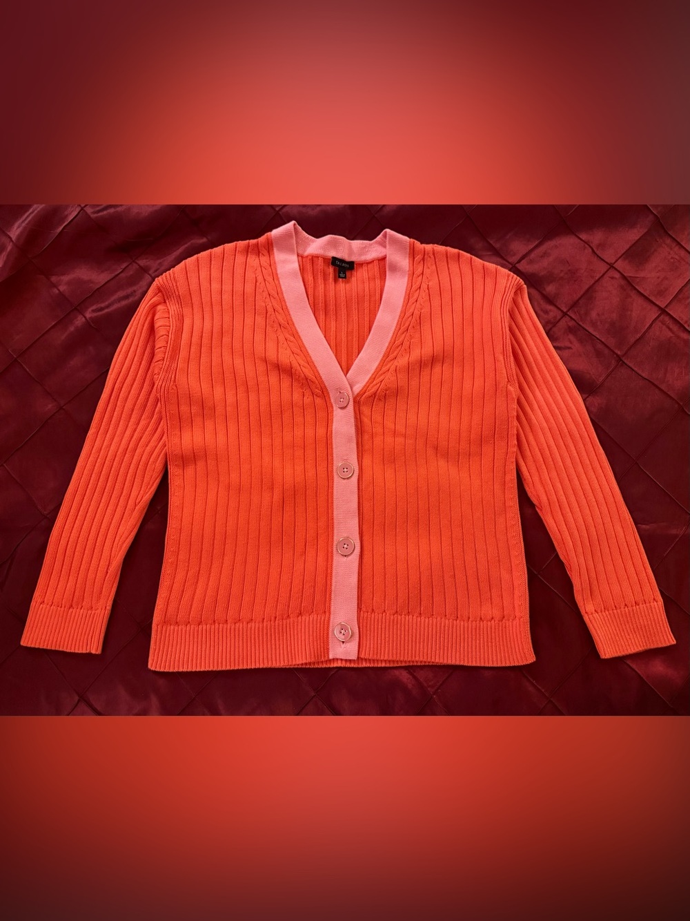 EUC Talbots Orange Ribbed V-Neck Button Cardigan with Pink Trim - Size L